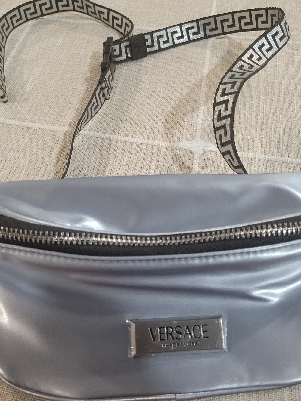 Versace Silver Metallic  Belt Bag with Greek Key Strap